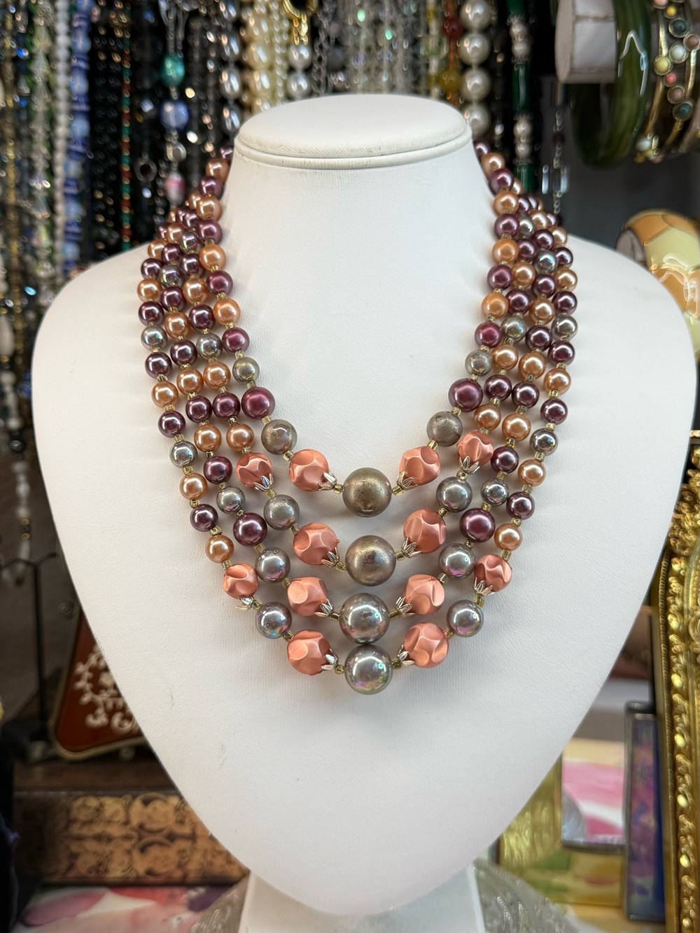Vintage Japan Multi-Strand Pearl Necklace in Peach, Gold and Plum